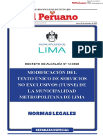 Normas Legales: Modificación Del Texto Único de Servicios No Exclusivos (Tusne) de La Municipalidad Metropolitana de Lima