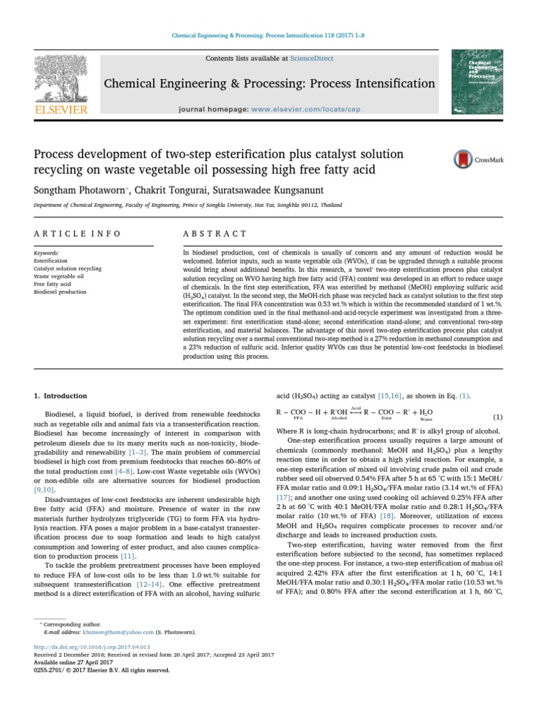 Two Step Esterification and Catalyst Recicling PDF Biodiesel Sulfuric Acid