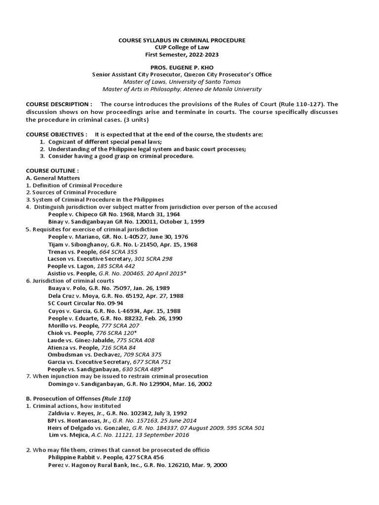 Criminal Procedure Syllabus 2022-2023 | PDF | Plea | Bail