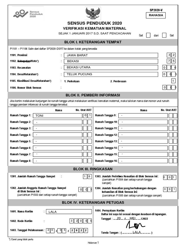 Kuesioner lf sp2020 verifikasi kematian maternal contoh isian pdf