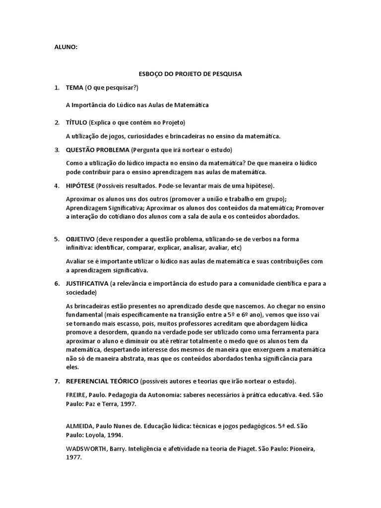 Modelo de Esboço Do Projeto de Pesquisa | PDF | Matemática | Aprendizado