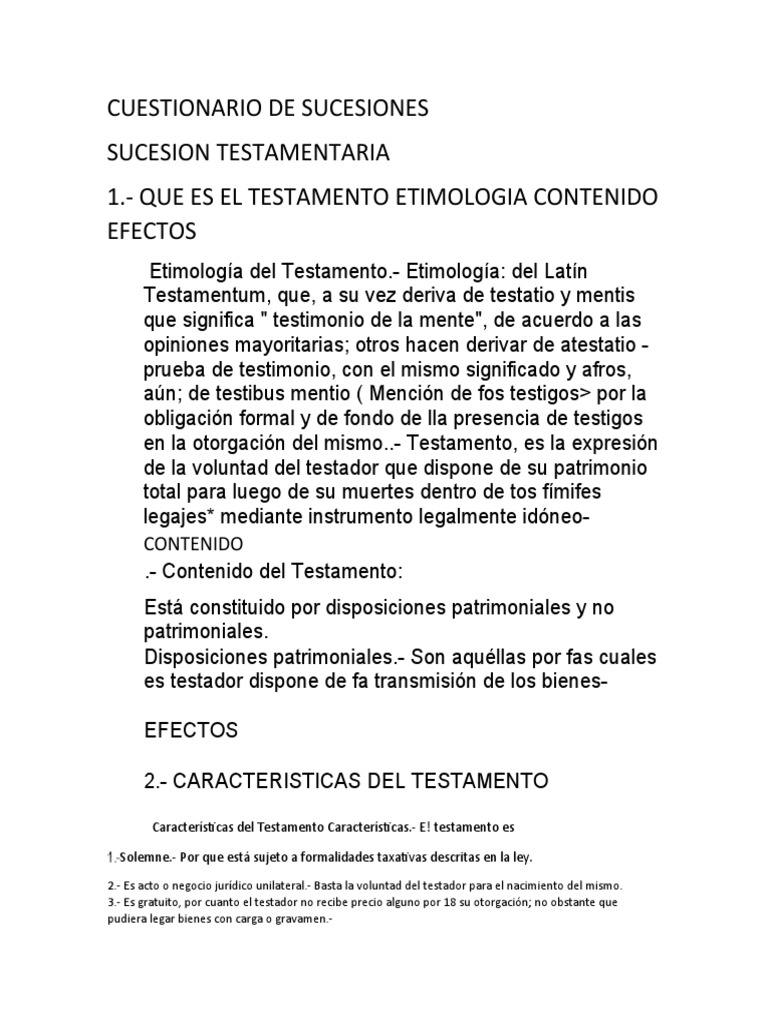 CUESTIONARIO DE SUCESIONES Karlita PDF Voluntad y testamento Herencia