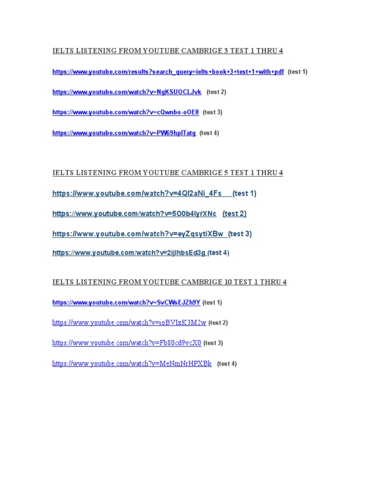 Ielts Listening From Youtube Cambrige Test 3 and 5 1 Thru 4 | PDF