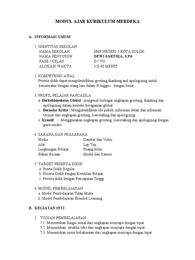 RPP Bahasa Inggris Kelas 7 Kurikulum Merdeka | PDF