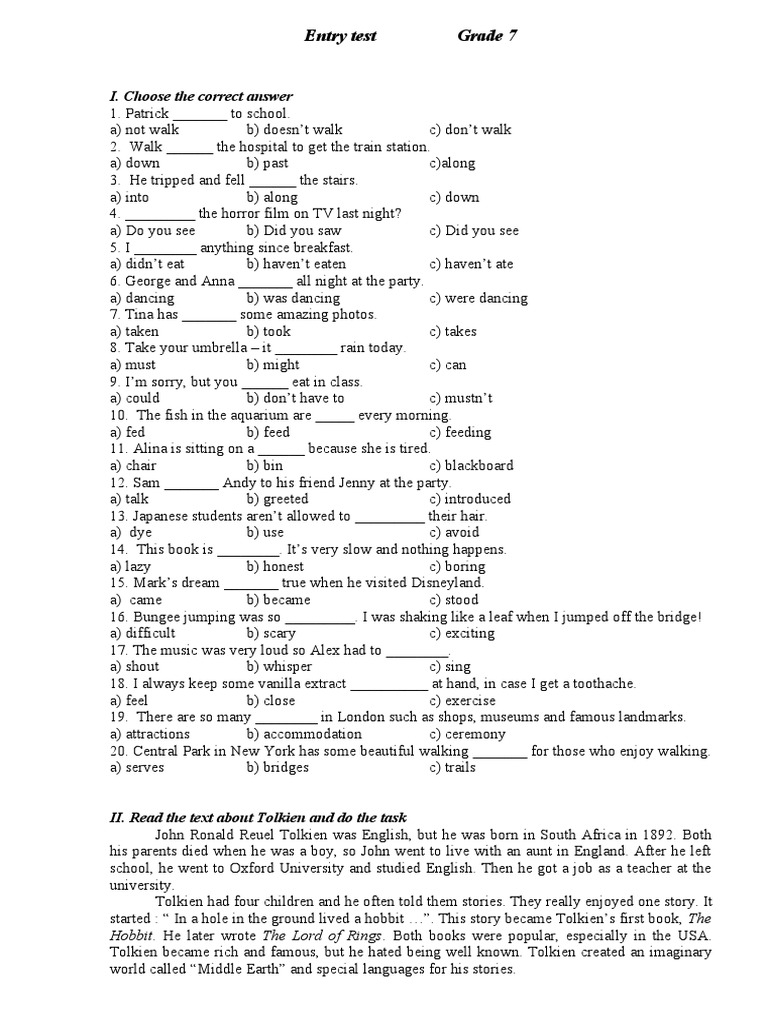 Grade 7 English Entry Test | PDF | J. R. R. Tolkien | The Lord Of The Rings