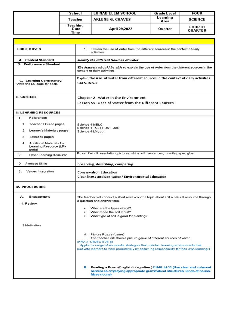 Grade 4 Science Lesson on Water Sources | PDF | Water | Learning