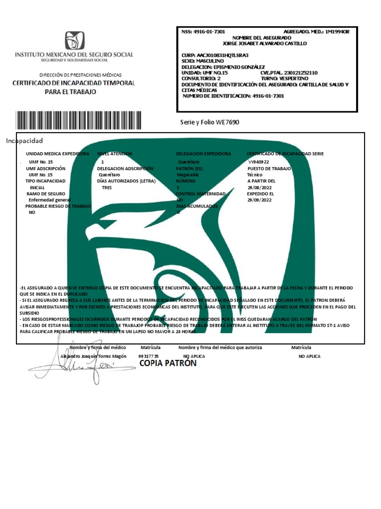 Certificado de Incapacidad IMSS 2022 | PDF | Ciencias de la Salud