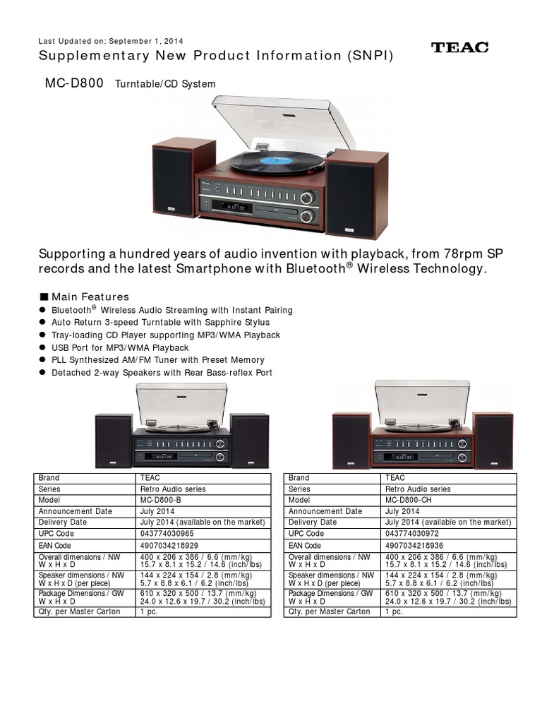 TEAC MCD800 Product Information EN PDF Phonograph Loudspeaker