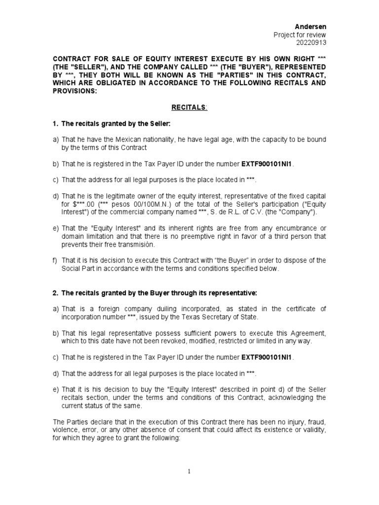 Contract For Sale of Equity Interest Execute by Into in Its Own Right