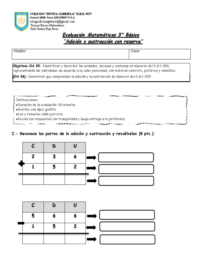 Evaluación Matemáticas 3° Básico, Sumas y Restas Con Reserva | PDF