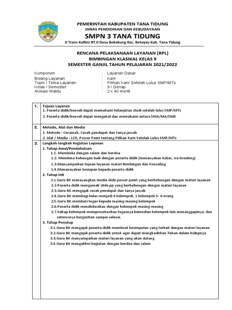 RPL Bimbingan Karir Kelas 9 SMPN 3 Tana Tidung | PDF | Karier ...