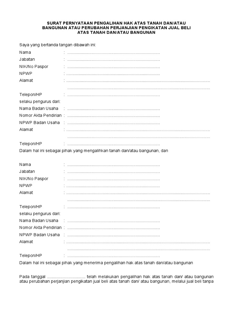 Surat Pernyataan Pengalihan Hak Tanah Bangunan Perubahan Perjanjian ...
