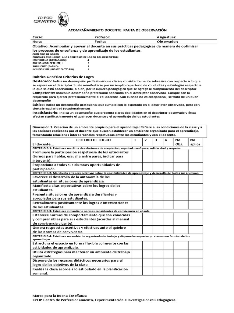 Pauta de Observación Docente | PDF | Maestros | Aprendizaje