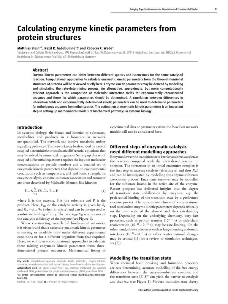 Calculating Enzyme Parameters From Protein Structures PDF