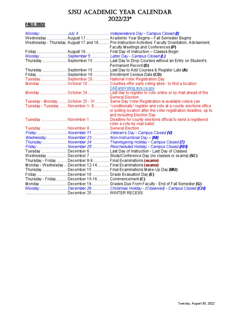 SJSU Academic Calendar 2022/23 | PDF | Academic Term | Postal Voting
