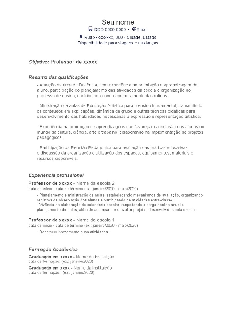 Modelo de Currículo para Professor | PDF | Carreira e Crescimento ...