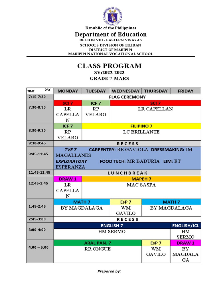 School Class Schedule Pdf