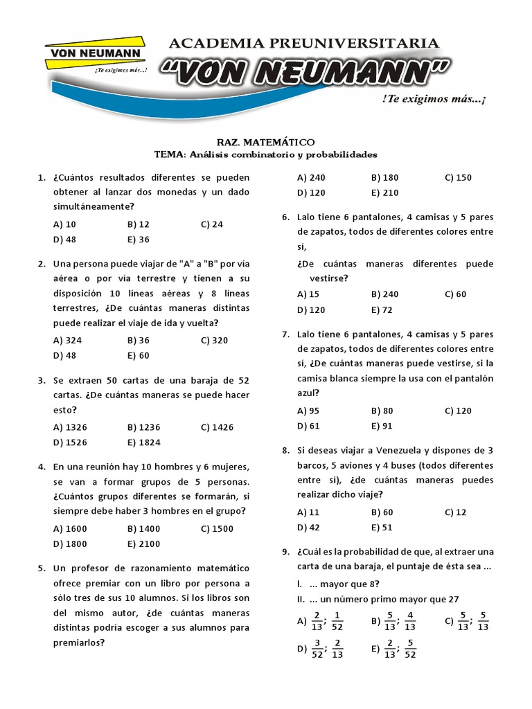 Raz. Matemático TEMA: Análisis Combinatorio y Probabilidades | PDF ...