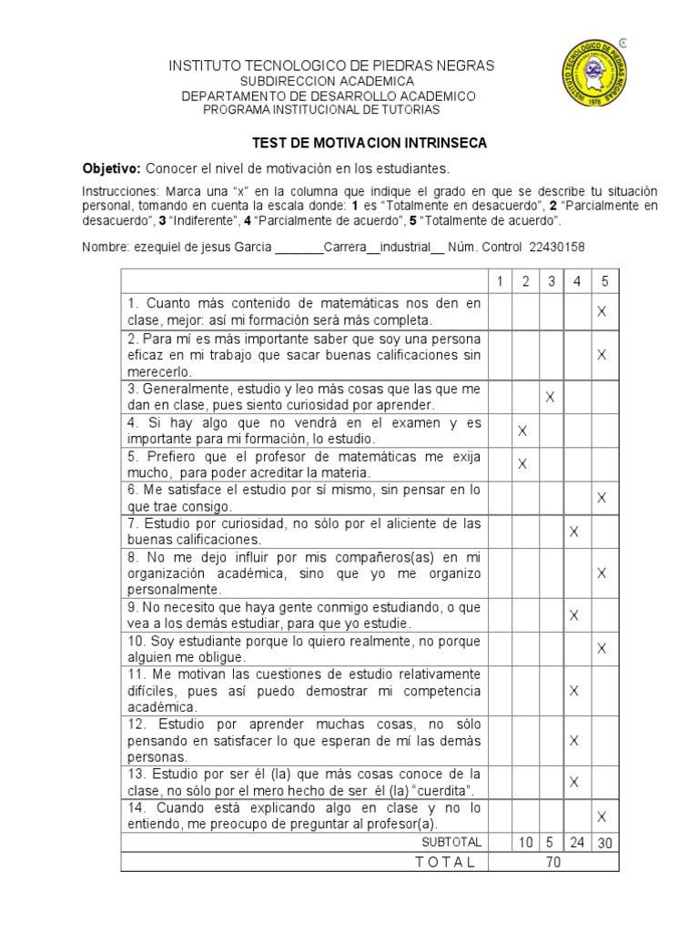 TEST DE MOTIVACION INTRINSECA (Corregido) | PDF | Motivación | Motivacional