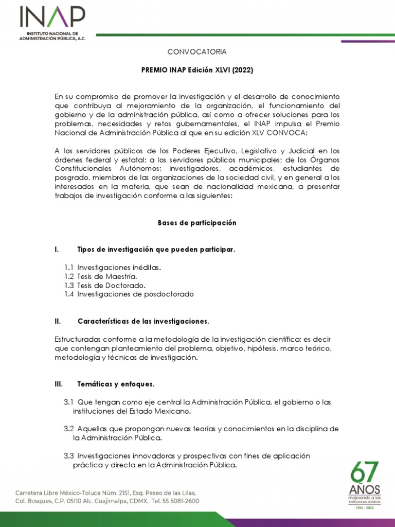 Premio INAP 2022 CONVOCATORIA | PDF | Administración Pública | México