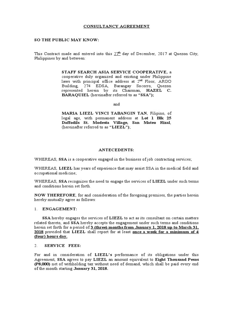 Consultancy Agreement Liezl Tan PDF Breach Of Contract