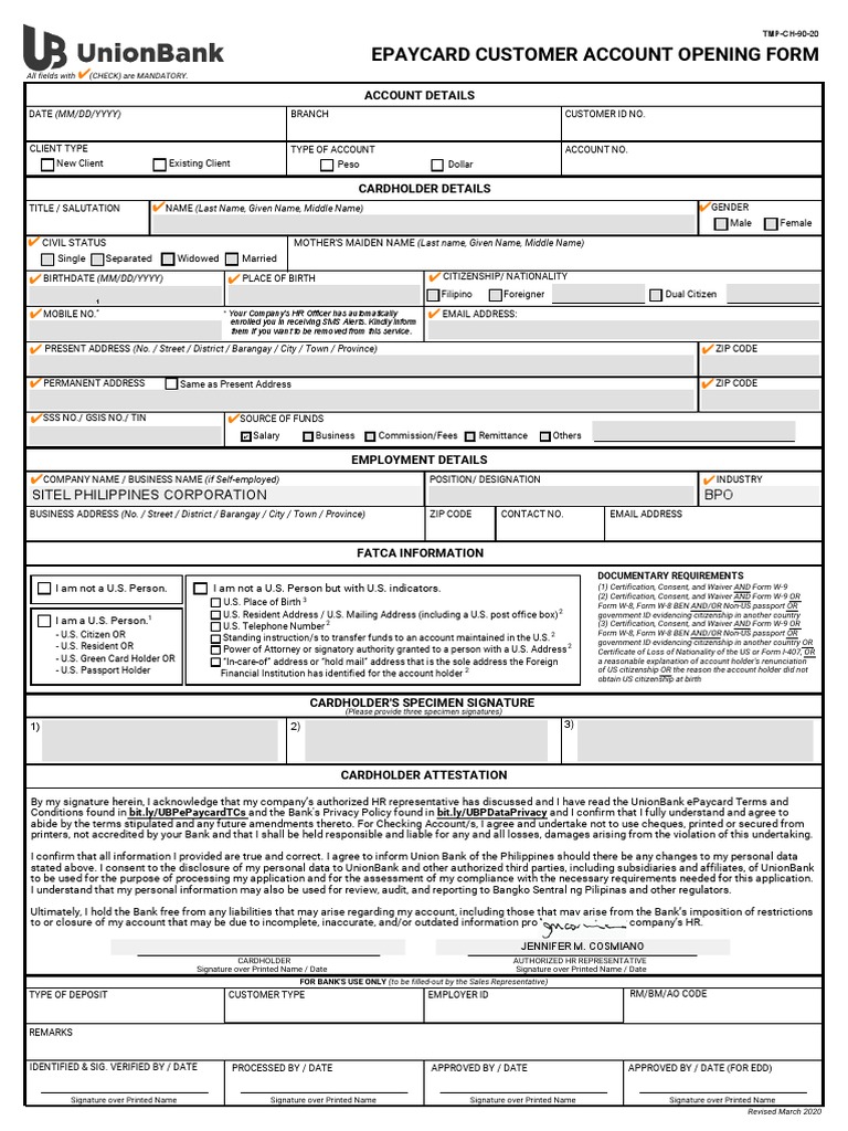 UnionBank ePaycard Application Form | PDF | Citizenship Of The United ...