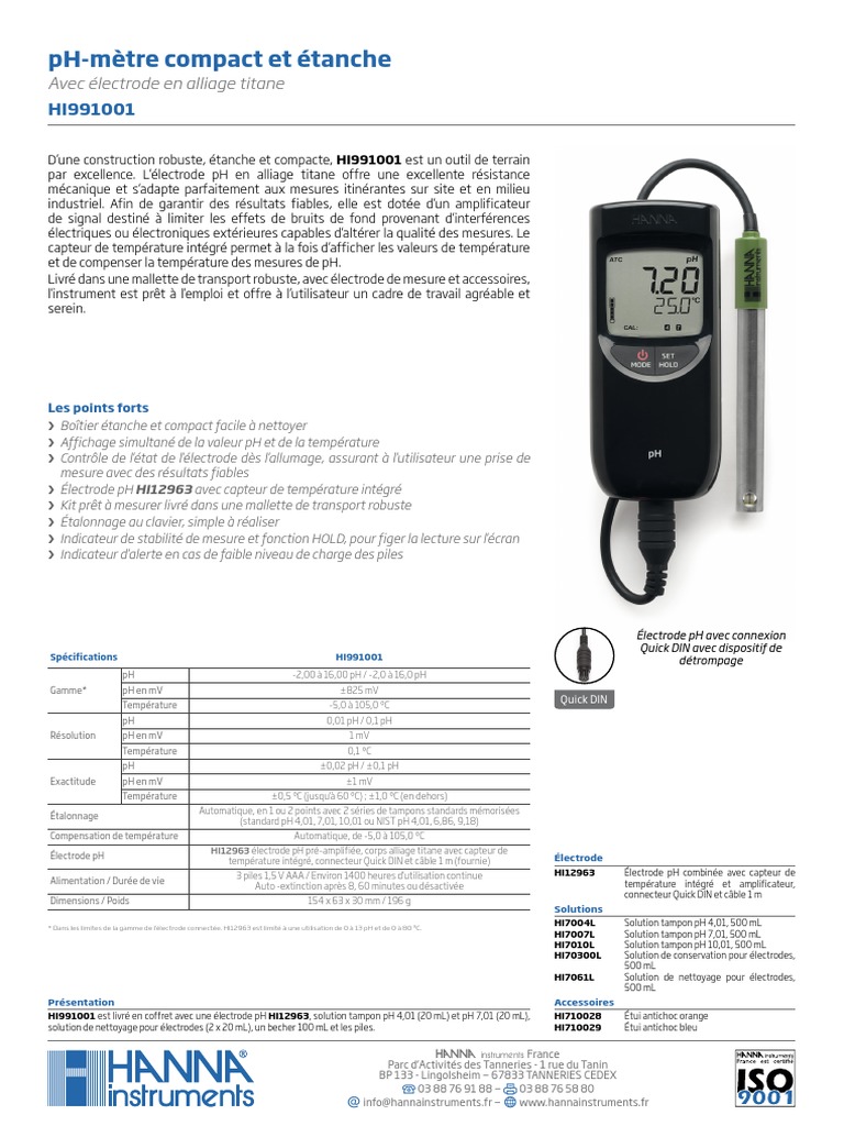 Fiche Technique HI991001 - HANNA INSTRUMENTS | PDF | Ph | Électrotechnique