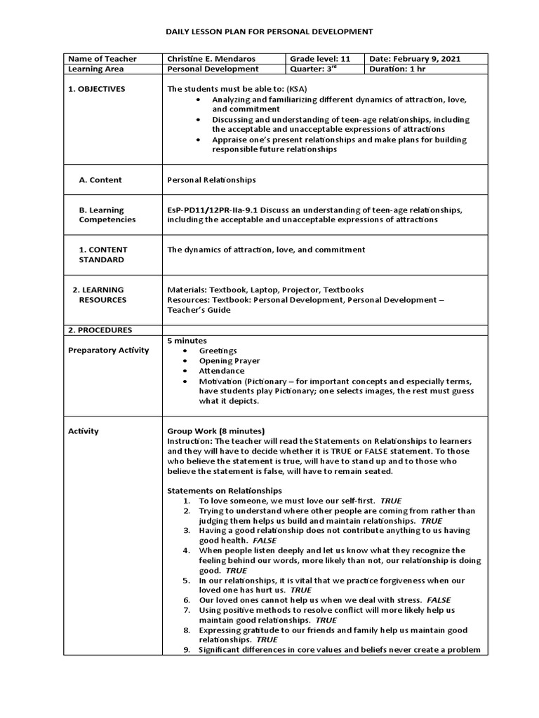 Daily Personal Development Lesson Plan | PDF | Teachers | Learning