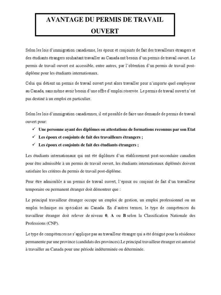 Permis de travail ouvert pour conjoints | PDF | Travailleur étranger ...