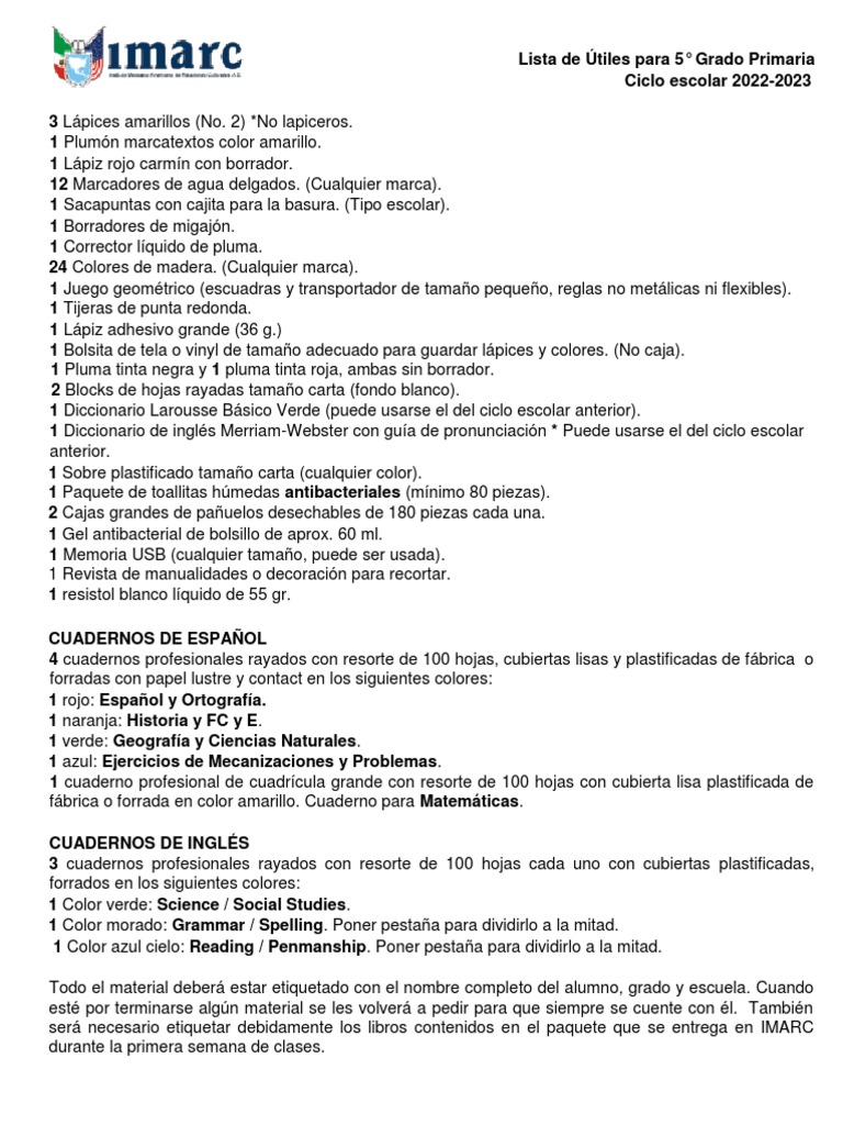 Lista de Útiles para 5° Grado Primaria | PDF | Lápiz | Color