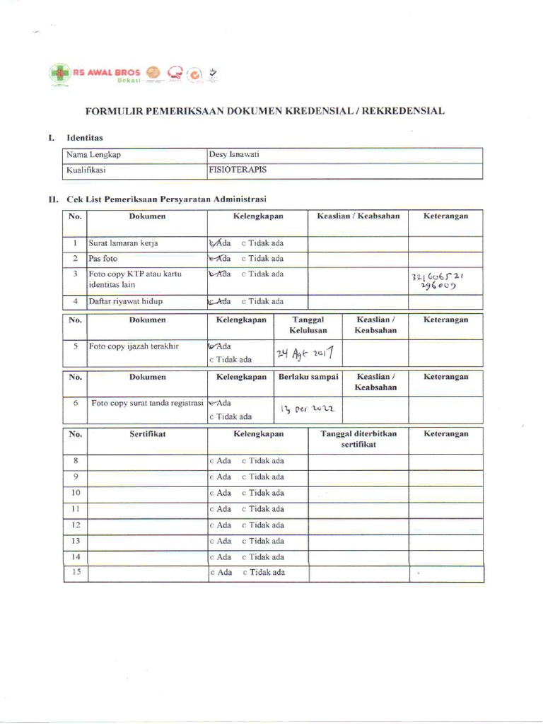 Form Pemeriksaan Dokumen, Kredensial, Ijazah. STR | PDF