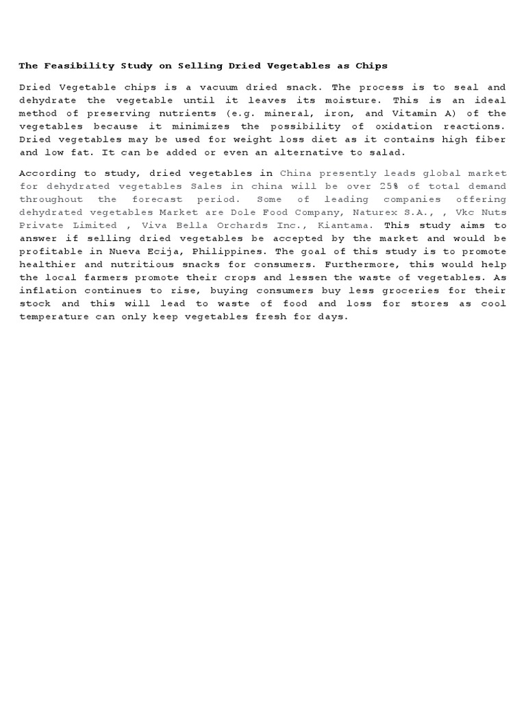 The Feasibility Study On Selling Dried Vegetables As Chips PDF