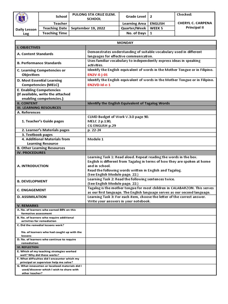 English DLL Format for Grade 2 | PDF | English Language | Learning