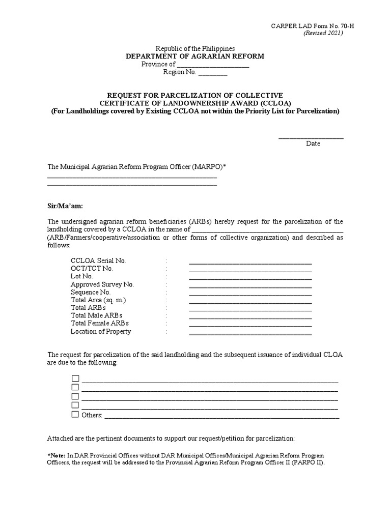 70-H Request For Parcelization | PDF | Civil Law (Common Law) | Law And ...