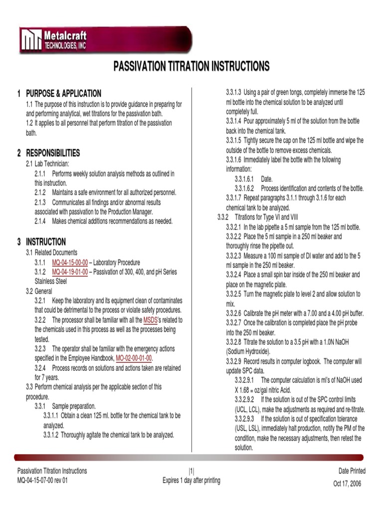 Passivation Titration Procedure Guide | PDF