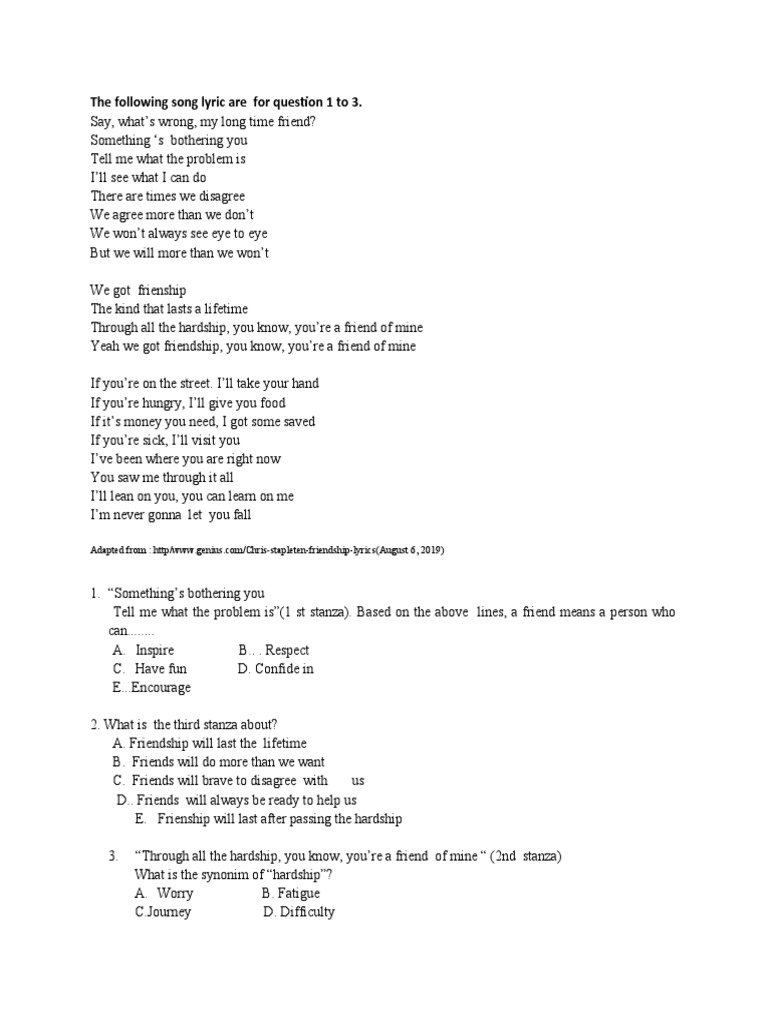 Song Analysis: Friendship and Family Themes | PDF | Language Arts ...