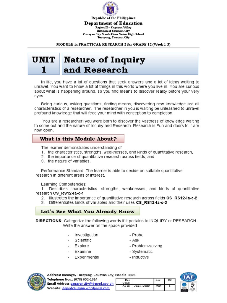 MODULE in PRAC RESEARCH II Unit 1 | PDF | Experiment | Statistics