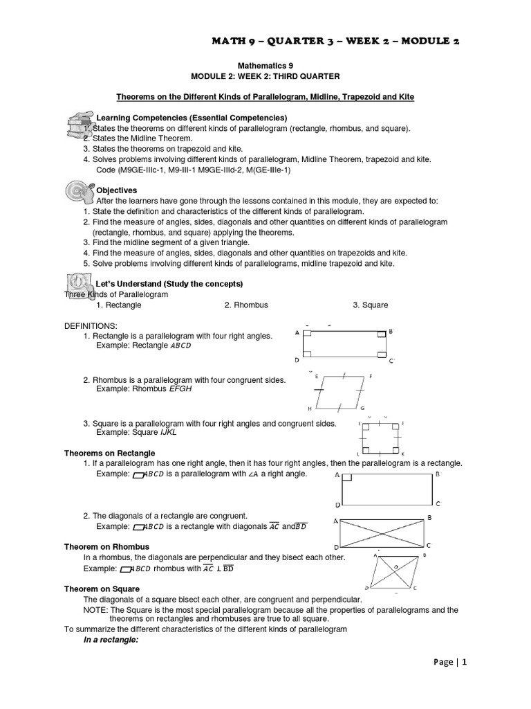 Theorems on Parallelograms, Trapezoids, Kites, and the Midline Theorem
