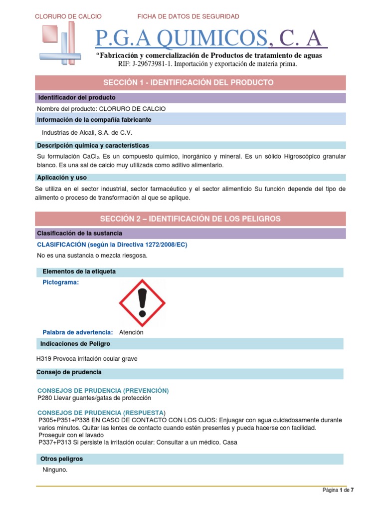 Hoja de Seguridad CLORURO DE CALCIO