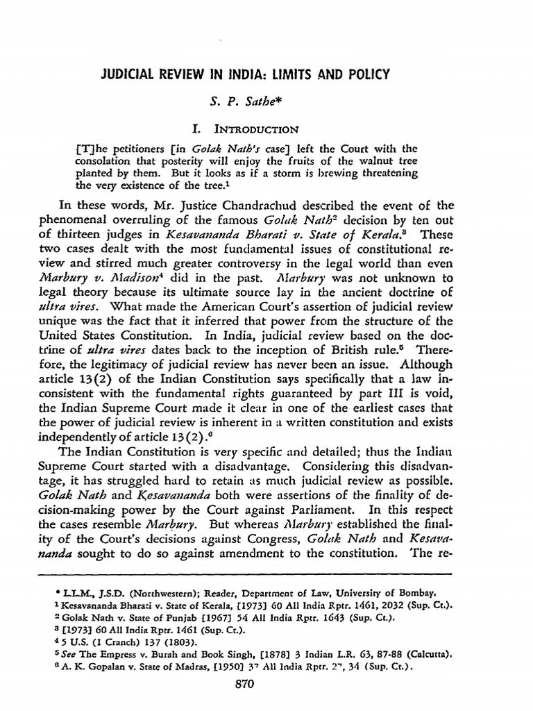 Judicial Review in India Limits and Policy S. P. Sathe PDF