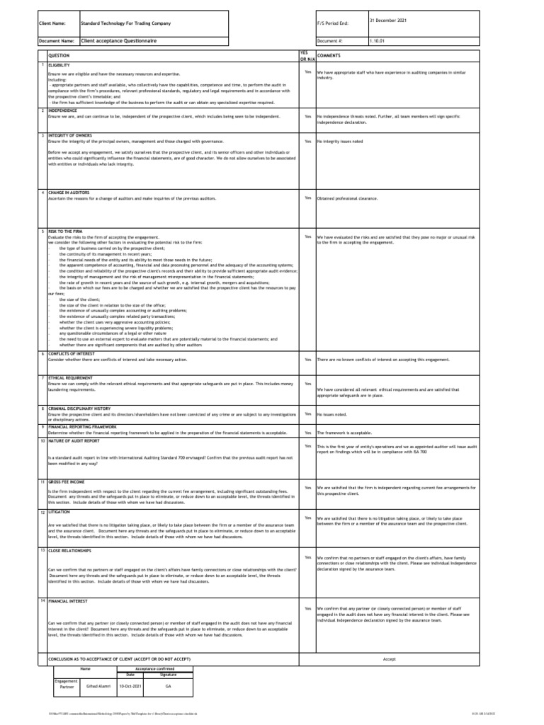 Client Acceptance Checklist St Pdf Financial Audit Audit