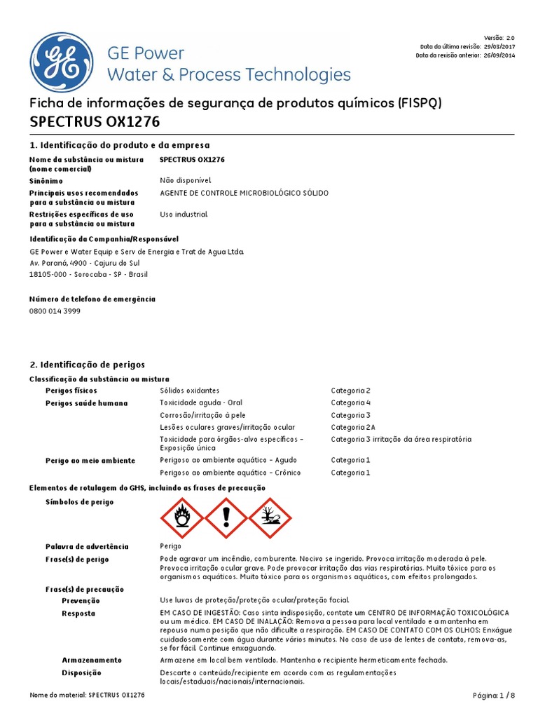 Ficha de Segurança: SPECTRUS OX1276 | PDF | Embalagem e rotulagem ...
