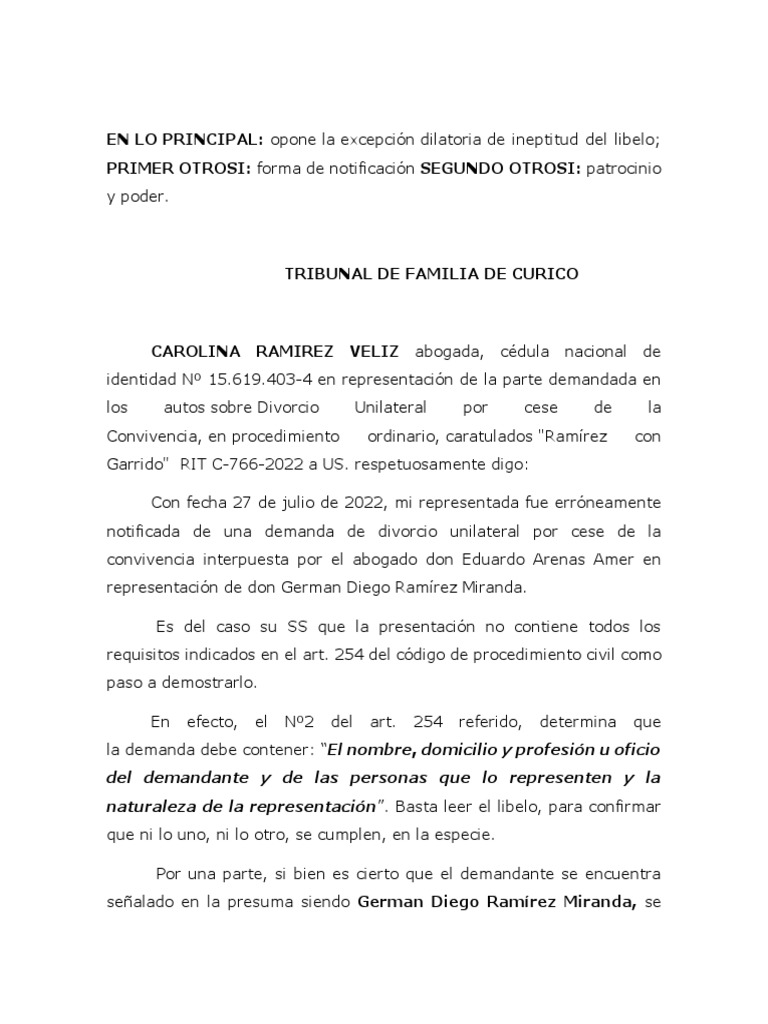 Excepcion Dilatoria Ineptitud Del Libelo | PDF | Demanda judicial ...