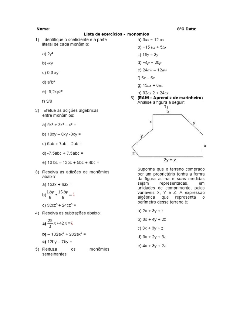 Lista de Exercícios - Monomios - 8C | PDF