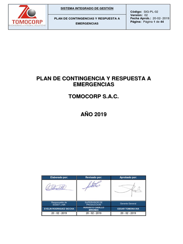 Plan de Emergencias Tomocorp S.A.C. | PDF | Seguridad y salud ...