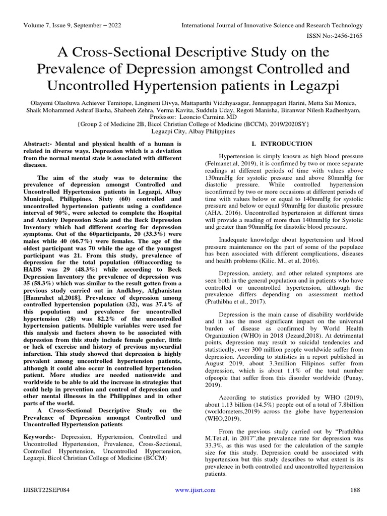 A Cross-Sectional Descriptive Study On The Prevalence of Depression ...