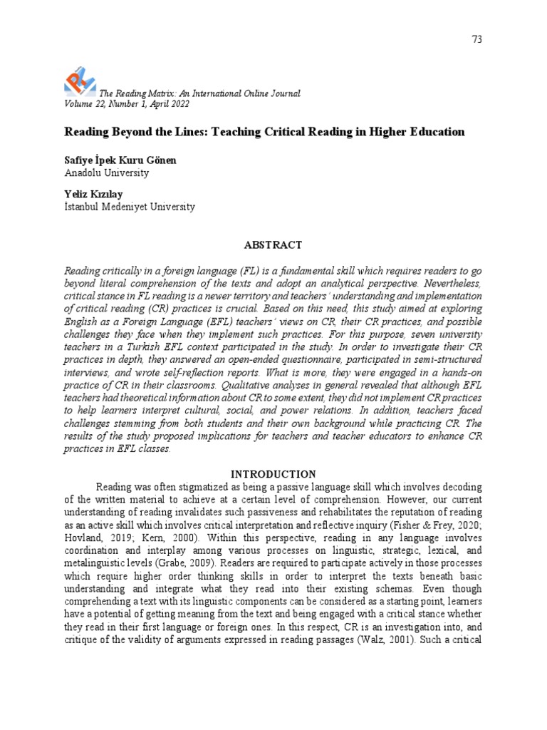 Reading Beyond The Lines Teaching Critical Reading in Higher Education