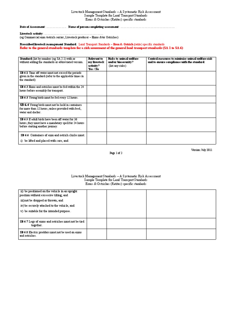 Livestock Transport Risk Assessment Template | PDF | Ornithology | Birds