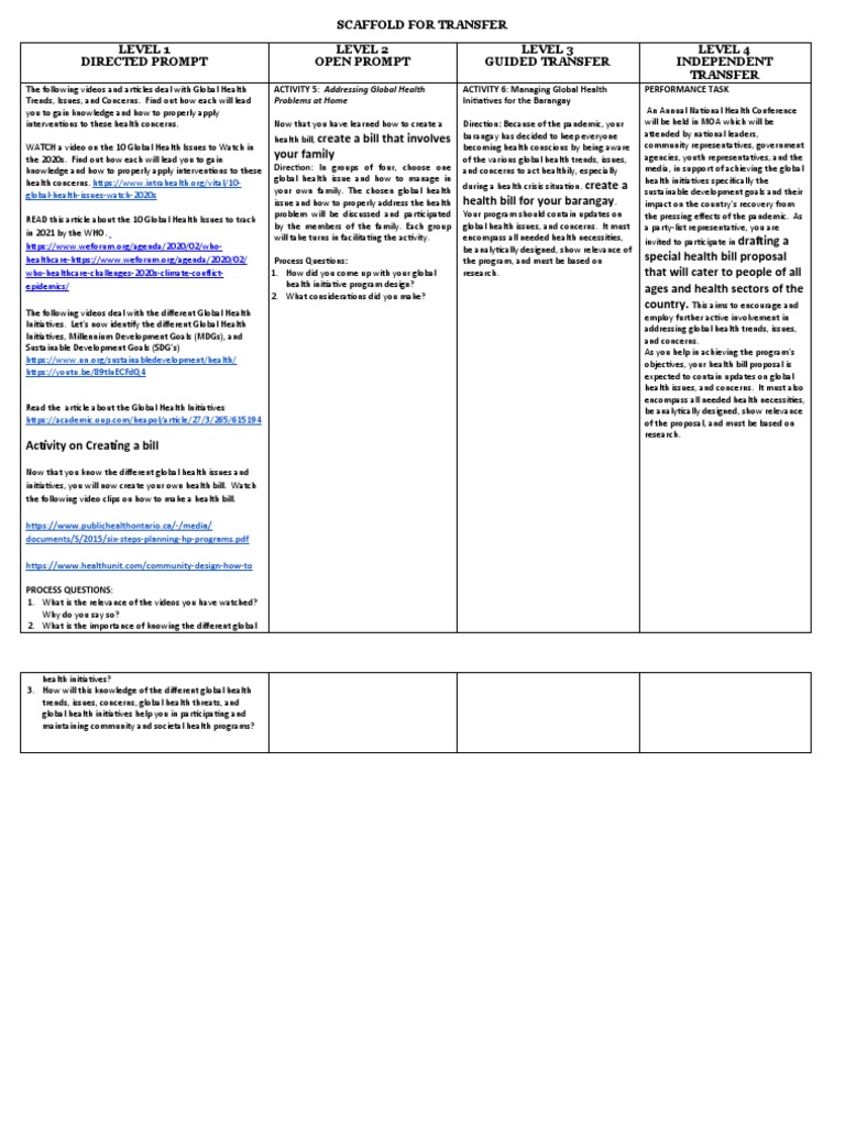 Scaffold For Transfer Example PDF Global Health Millennium