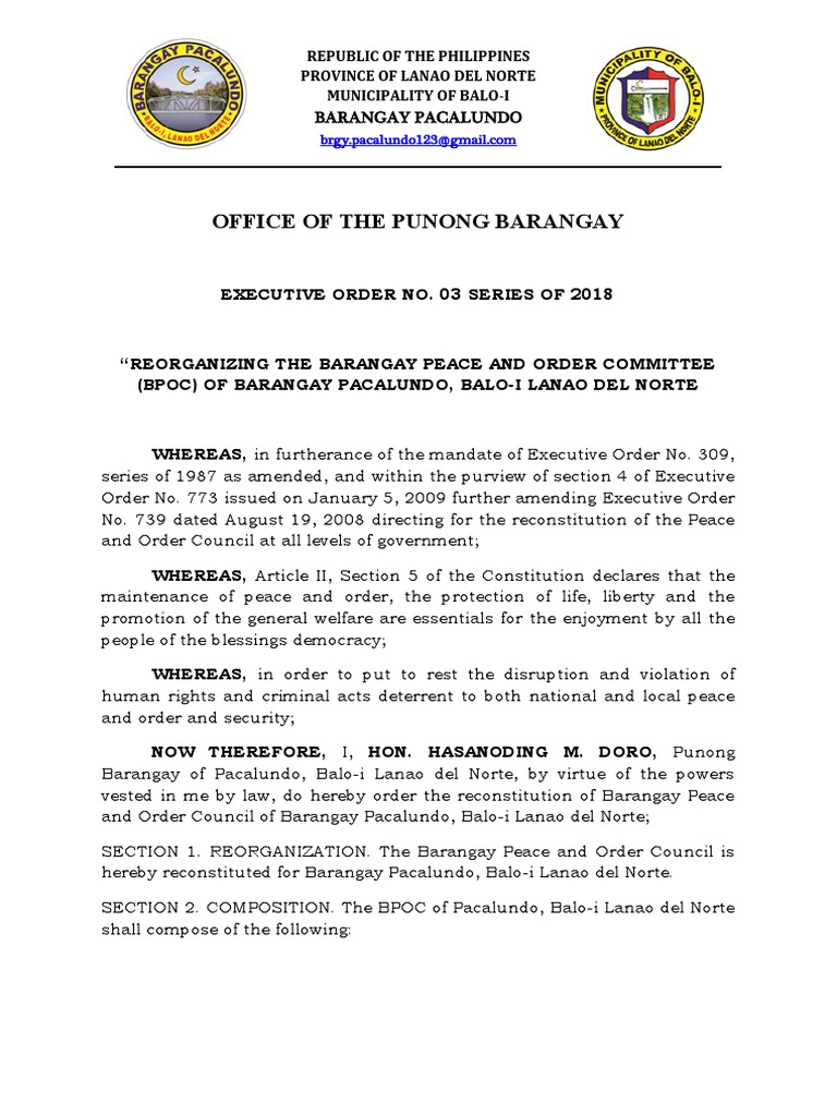 Reorganizing Barangay Peace and Order Committee | PDF | Constitutional ...